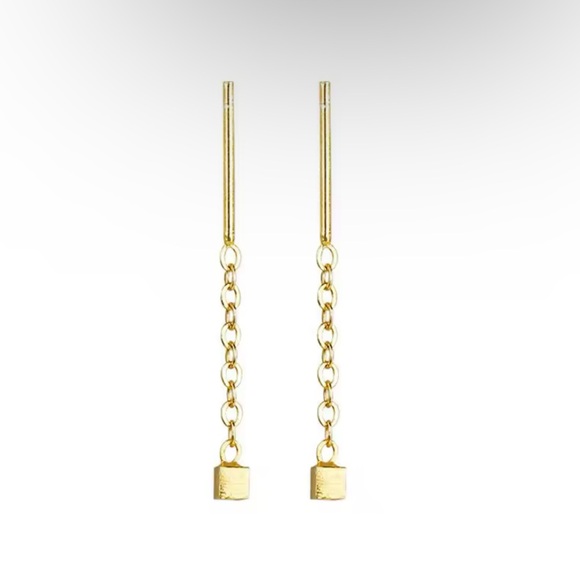 1Pair Gold Stainless Steel Square Earrings On Small Thin Chain(Anti-allergic) - Picture 1 of 6